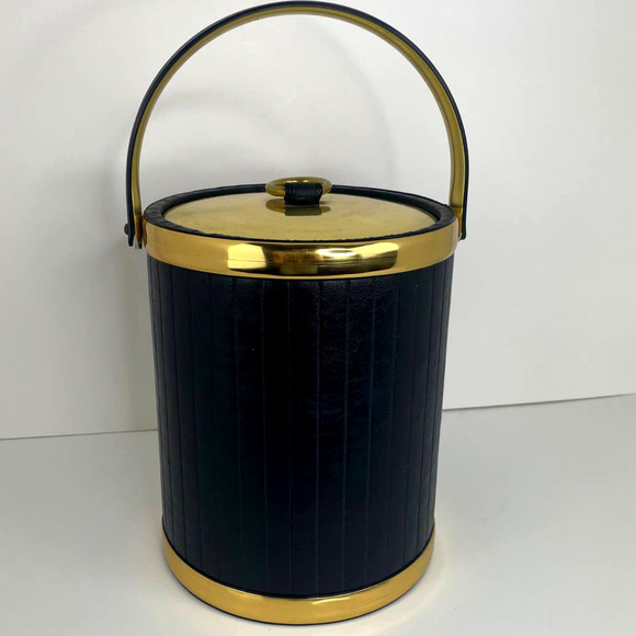 Mid Century Kraftware Barware Ice bucket Black and Gold Faux - Picture 1 of 3